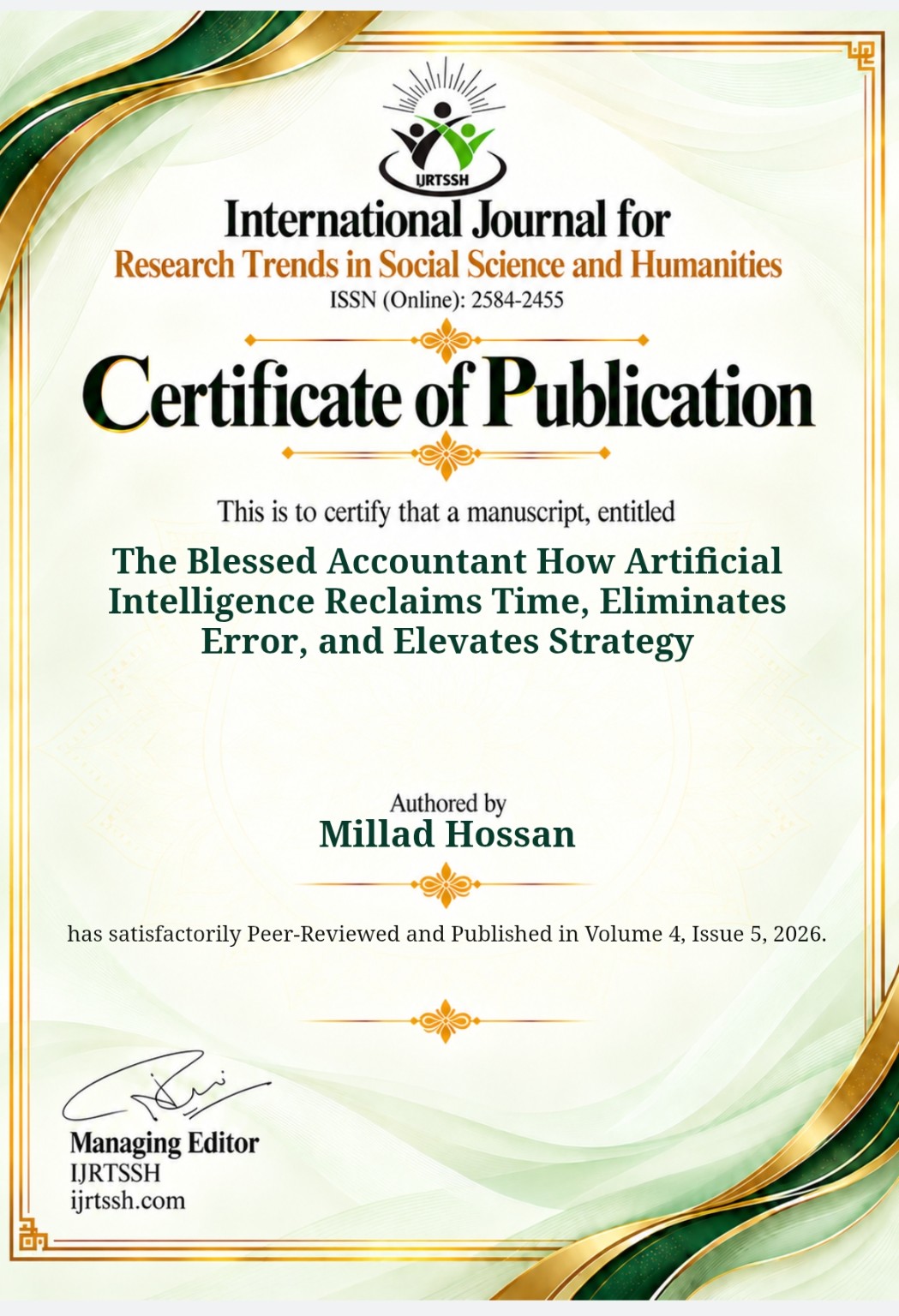 Publication certificate for The Blessed Accountant: How Artificial Intelligence Reclaims Time, Eliminates Error, and Elevates Strategy